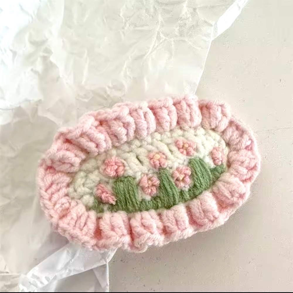 Handcrafted Crochet Hair-Clip, Cream with Pink Flowers: Two on Card